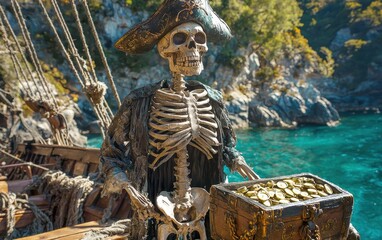 A skeleton pirate standing on a ship with a treasure chest