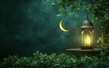 Ramadan Mubarak background with a metal table in the foreground, featuring a gold lantern and crescent moon, set against a solid dark forest green background, photorealistic.