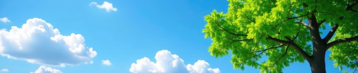 Fototapeta premium Serene ash tree against a clear blue sky with fluffy white clouds, branches, forest