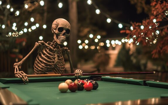 A skeleton playing billiards and lining up a shot