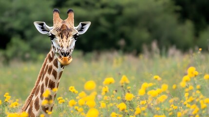 Obraz premium Giraffe in a Wildflower Meadow Surrounded by Yellow Flowers and Lush Greenery : Generative AI