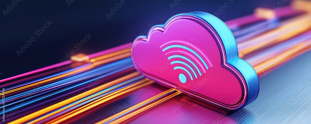 Poster a vibrant cloud icon with wi-fi signals, set against a backdrop of colorful data streams, symbolizes