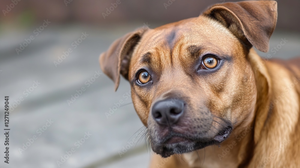 Poster close up of a friendly brown dog with expressive eyes on a sunny day in a natural setting : generati