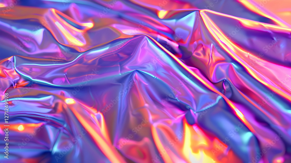 Poster vibrant, iridescent wrinkled fabric with colorful reflections, creating a dynamic visual effect