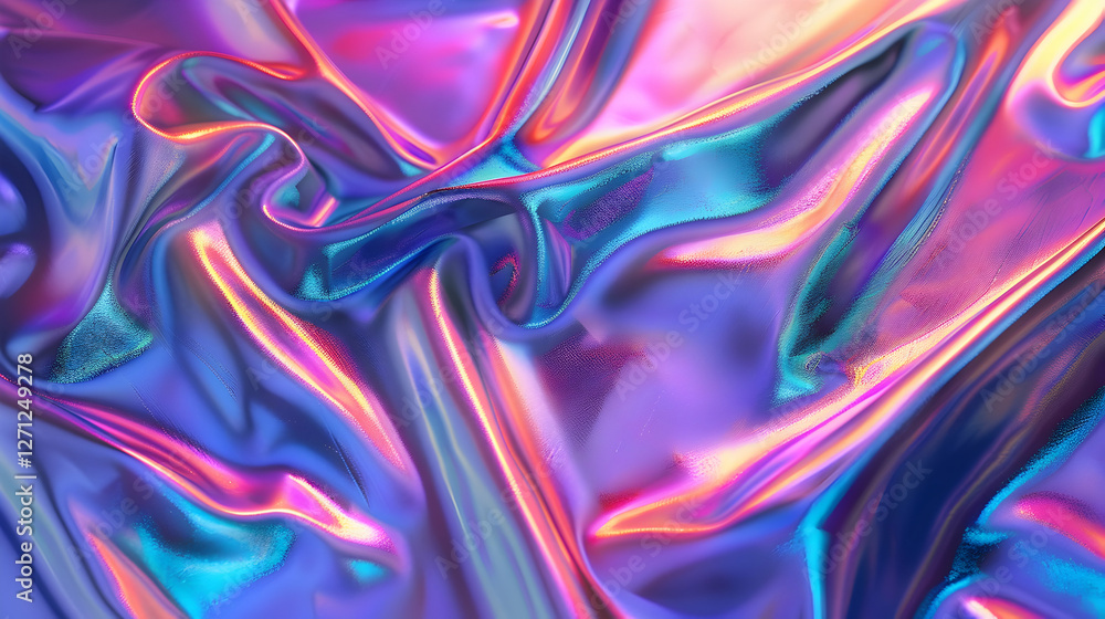 Poster iridescent fabric draping with vibrant colors and smooth textures, creating a dynamic visual flow