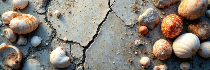 Shells and cracks on a weathered granite surface, sea worn, stone, weathered