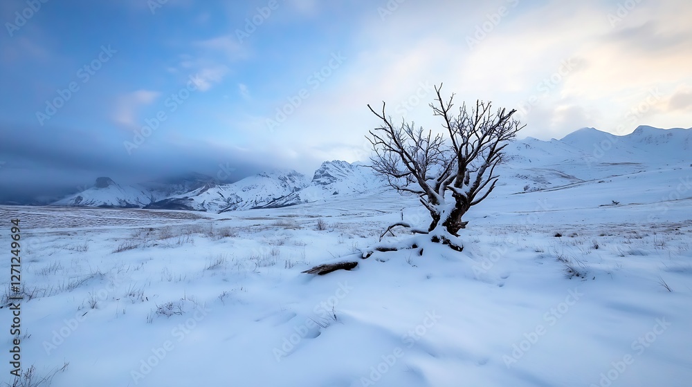 Poster fascinating winter landscape with a solitary tree in a snowcovered field under a blue sky : generati