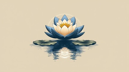 A minimalistic badge for a yoga studio, featuring a simple meditative pose or lotus flower within a soft, circular design, with calming colors like light blue and white