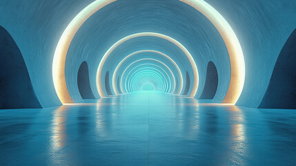 Obraz premium Futuristic tunnel with symmetrical lines and glowing lights creates serene atmosphere.