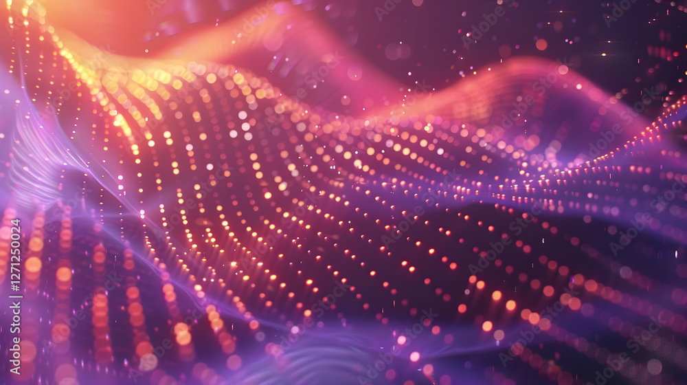 Poster abstract colorful wave patterns with glowing dots and light effects in a digital environment