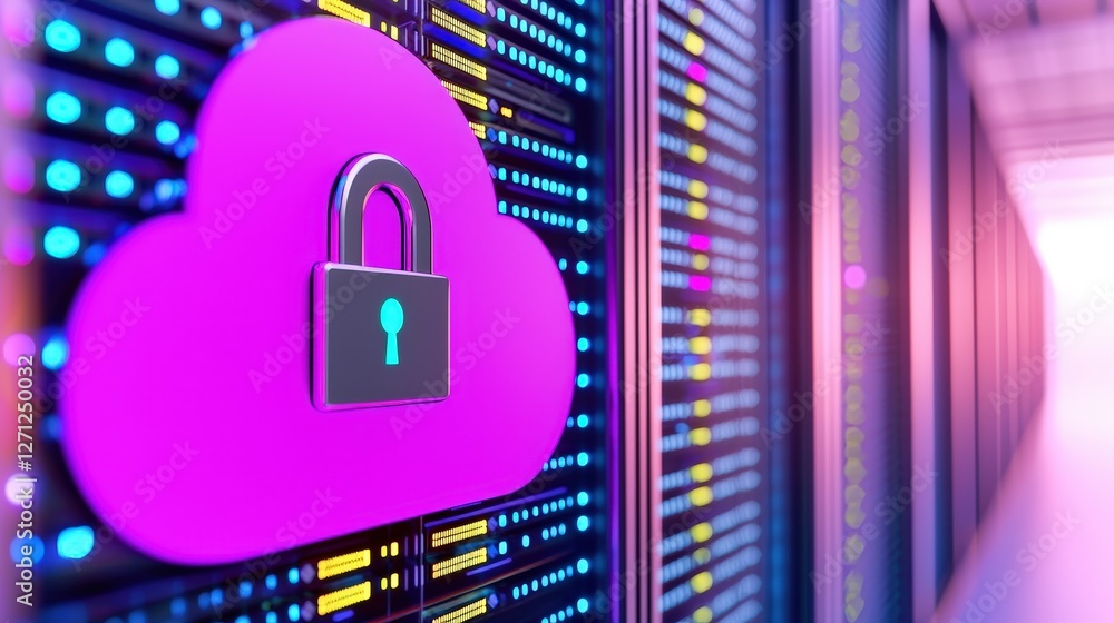 Poster a digital cloud with a padlock symbolizes cybersecurity and data protection in a modern data center 