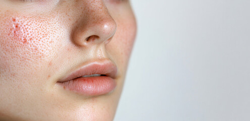 Fototapeta premium A woman’s face is captured in close-up, revealing skin with pimples that accentuates natural beauty and imperfections under soft lighting