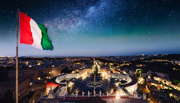 The Italian flag illuminated by streetlights in Piazza del Popolo, Rome.
