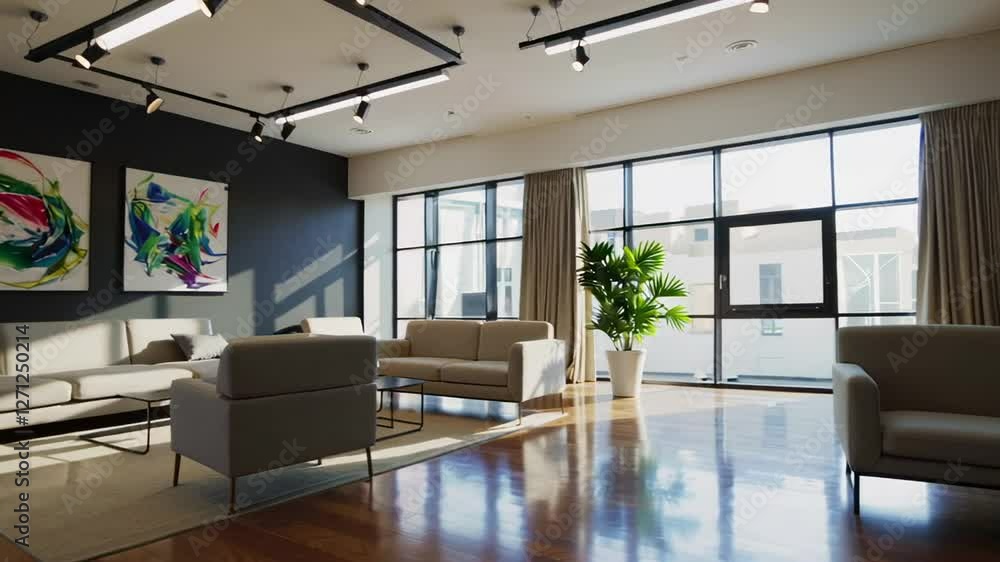 Poster sunlight illuminates a stylish and modern office lounge area with comfortable seating, abstract art,