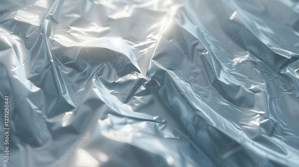 Poster shimmering crumpled metallic surface reflecting light, creating an abstract visual texture