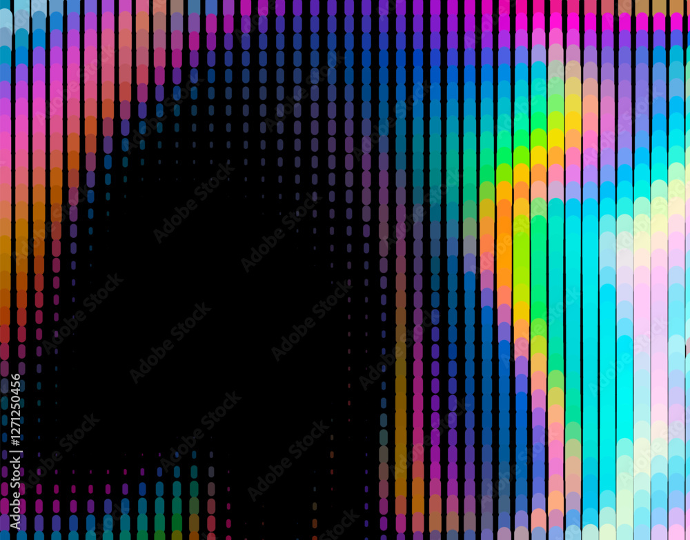Aufkleber Colorful vertical bars in a wave-like pattern create a vibrant, rhythmic display on a black background, resembling a soundwave equalizer with a spectrum of rainbow hues.