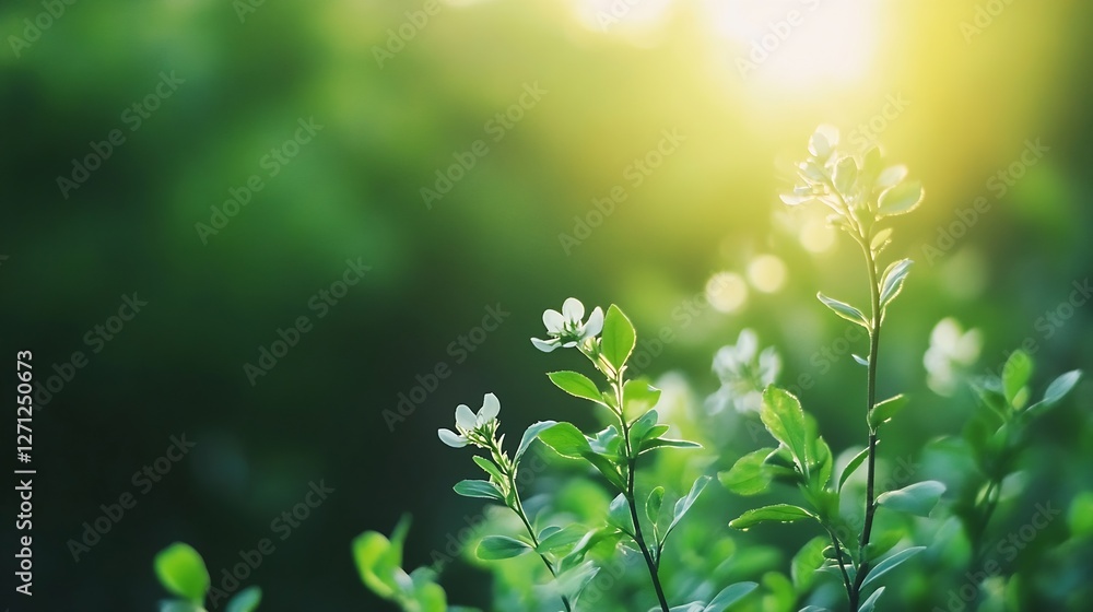 Poster closeup view of lush green leaves glistening in sunlight creating a serene and refreshing natural at