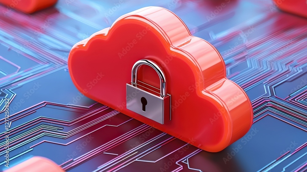 Aufkleber a red cloud with a padlock symbolizes secure cloud storage on a circuit board background.