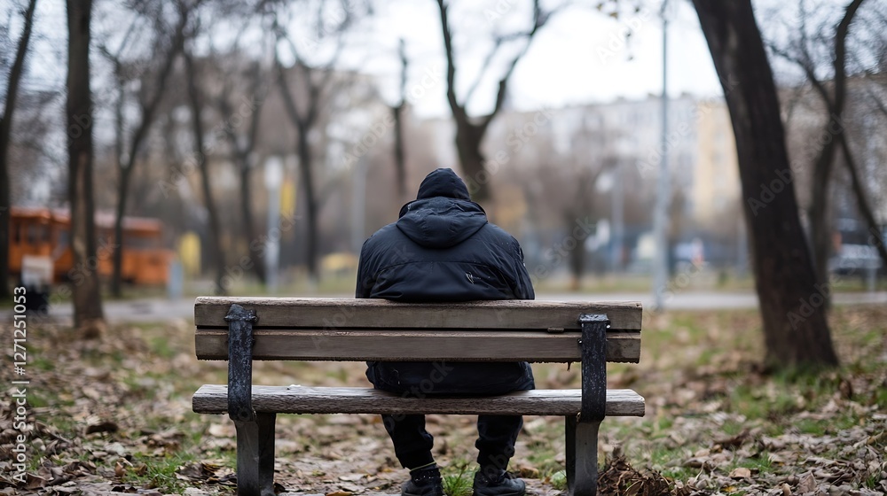 Poster Man in a hoodie sitting on a bench in a park surrounded by autumn leaves and bare trees : Generative AI
