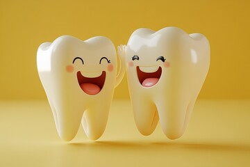 Cartoon molar teeth celebrating with a high-five in a bright and cheerful setting. Generative AI