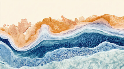 Fototapeta premium Sleek modern illustration of layered textures resembling ocean waves, showcasing shades of blue, orange, and cream. design evokes sense of calm and fluidity