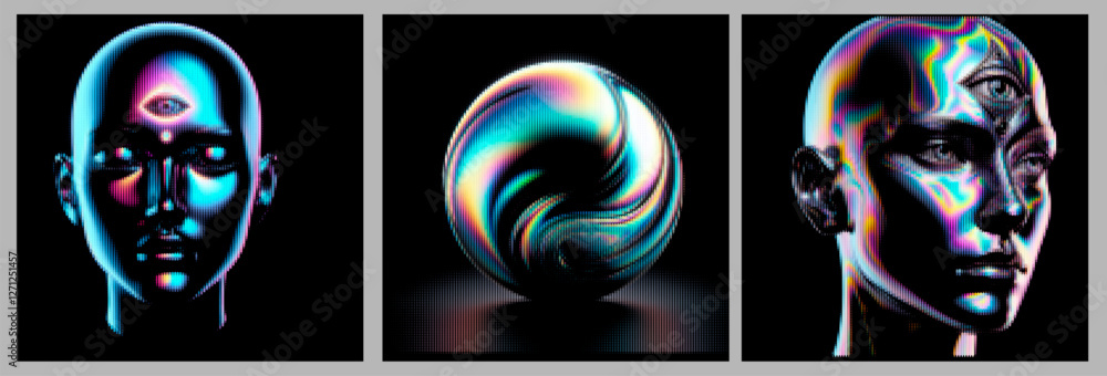 Poster futuristic vector illustration of digital human figures with iridescent, metallic textures. each has