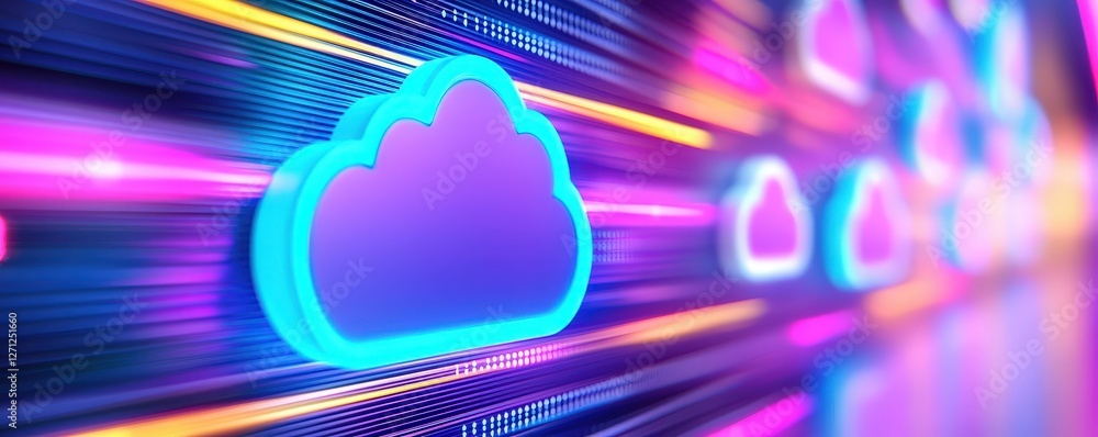 Poster a vibrant digital background featuring glowing cloud icons, representing cloud computing and technol