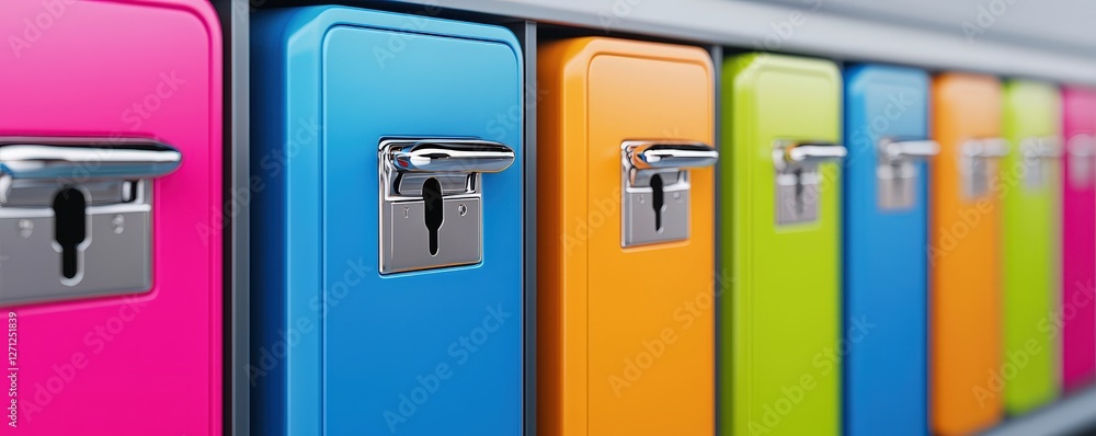 Poster a row of colorful storage boxes featuring bright hues and metallic locks, perfect for organizing and