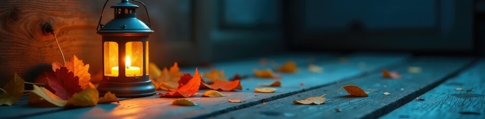 Softly glowing lantern casts warm light on a patch of autumn leaves scattered on a rustic blue wooden floor, woodsy decor, rustic blue wooden, cozy nook