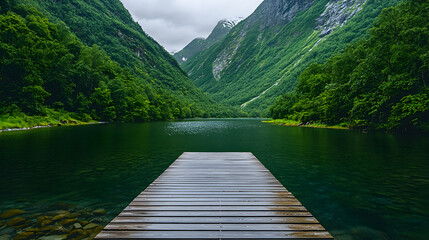 Serene mountain lake dock, misty valley background, travel postcard