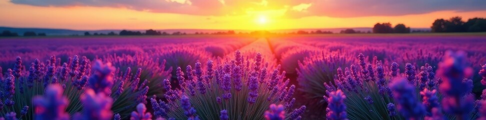 Fototapeta premium Softly glowing lavender flowers in a vast field at sunset, sunsets, nature