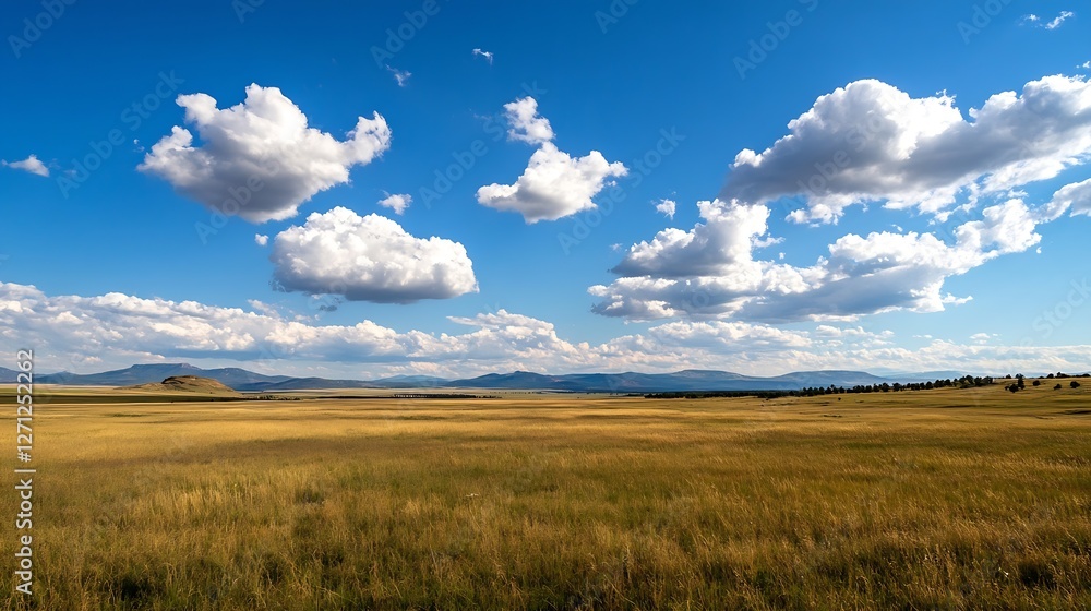 Aufkleber expansive landscape view with golden fields under a bright blue sky and fluffy clouds : generative a