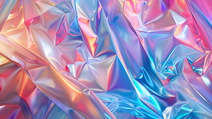 Colorful iridescent wrinkled foil background with vibrant hues and reflections creating depth