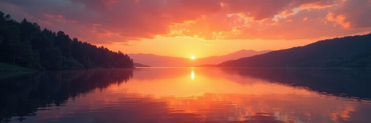 Softly glowing orange hues upon the lake's surface at dusk, warmth, sunset, serene