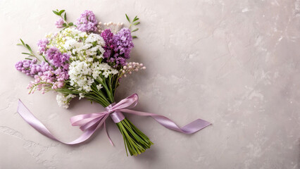 Obraz premium A delicate bouquet of purple and white flowers on a smooth gray-beige background. A satin ribbon wraps around the stems, adding elegance and romantic charm.