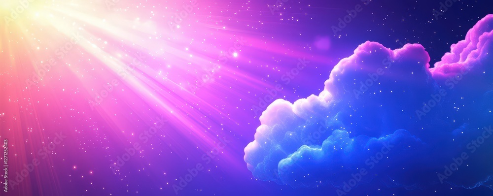 Poster a vibrant display of colorful light beams radiating through soft clouds, creating a dreamy, atmosphe