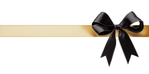 black bow with gold ribbon on white background