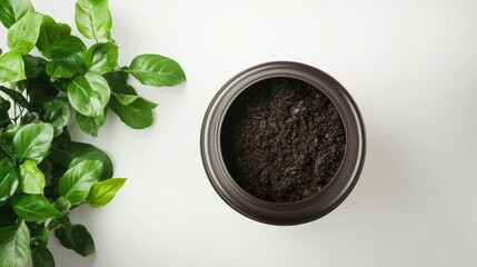 Smart Compost Bin Surrounded by Lush Greenery on White Background