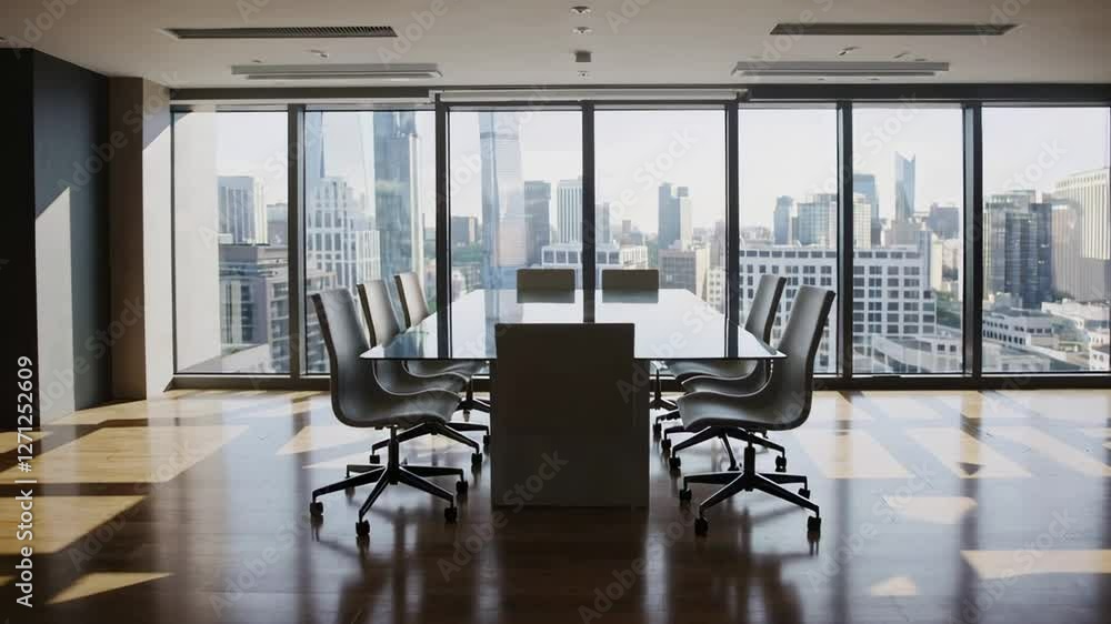 Poster Sunlight gradually illuminates an empty meeting room on a high floor of a skyscraper with a view of the city through large windows in a slow motion time lapse