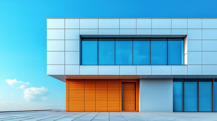 Modern building exterior with large windows and orange accents, showcasing elegance and simplicity.