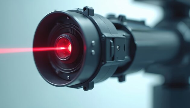 Close-up shows high-tech optical sensor emits red laser beam. Robotic camera, industrial automation, engineering, precision electronic technology for measurement, scanning, guidance applications.