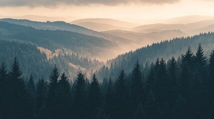 Obraz premium Misty Mountain Forest Panorama at Dawn
