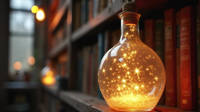 A glowing magical bottle made of stars and galaxies sat on a shelf, in an old dusty bookshop