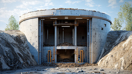 A transparent cross-section of a biogas digester, illustrating the decomposition process of organic waste into methane.