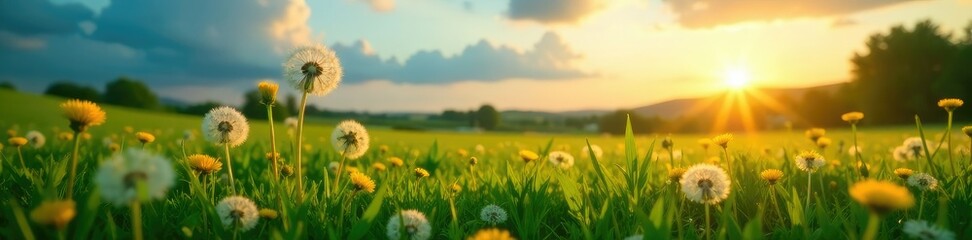 Fototapeta premium White dandelion blooms on a lush emerald green meadow under a clear blue sky at sunset, dandelions, landscape