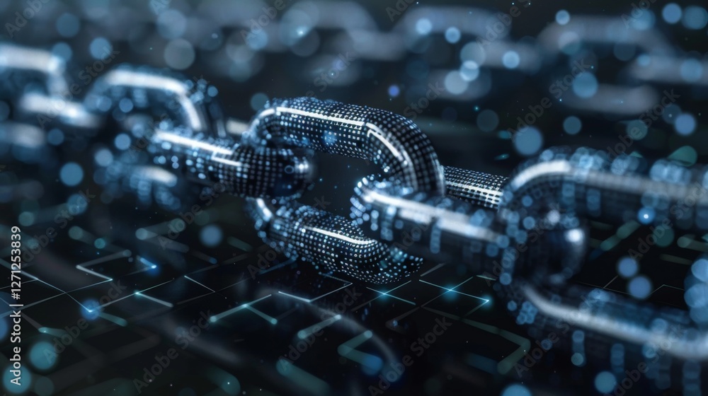 Poster A close up view of digital chain links emphasizes the importance of connectivity and security in technology, highlighted by shimmering blue lights in a dark setting.