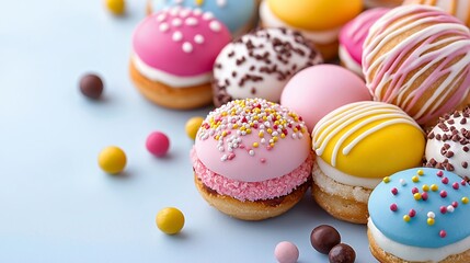 A delightful collection of colorful pastries with sprinkles and drizzled icing, arranged on a light blue background. These sweet treats are perfect fo