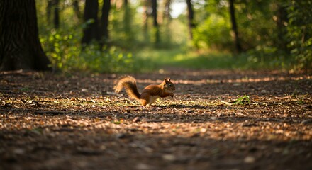 Red Squirrel Running on Forest Path in Sunlight with Green Trees