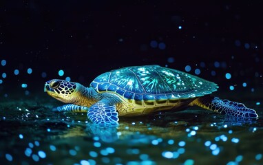 Obraz premium A turtle swimming through bioluminescent waters