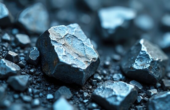 Close-up of raw zinc ore showcases rugged texture with bluish-grey metallic sheen. Natural mineral beauty essential for industrial applications, metallurgy, manufacturing and mining resources.